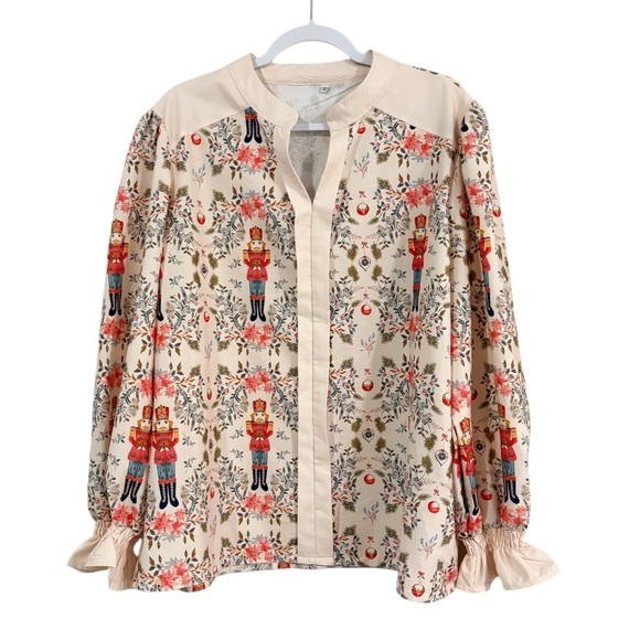 Tops - Boutiquie Holiday Nutcracker Floral Print Blouse Tunic Pale Pink/Red Size 3XL